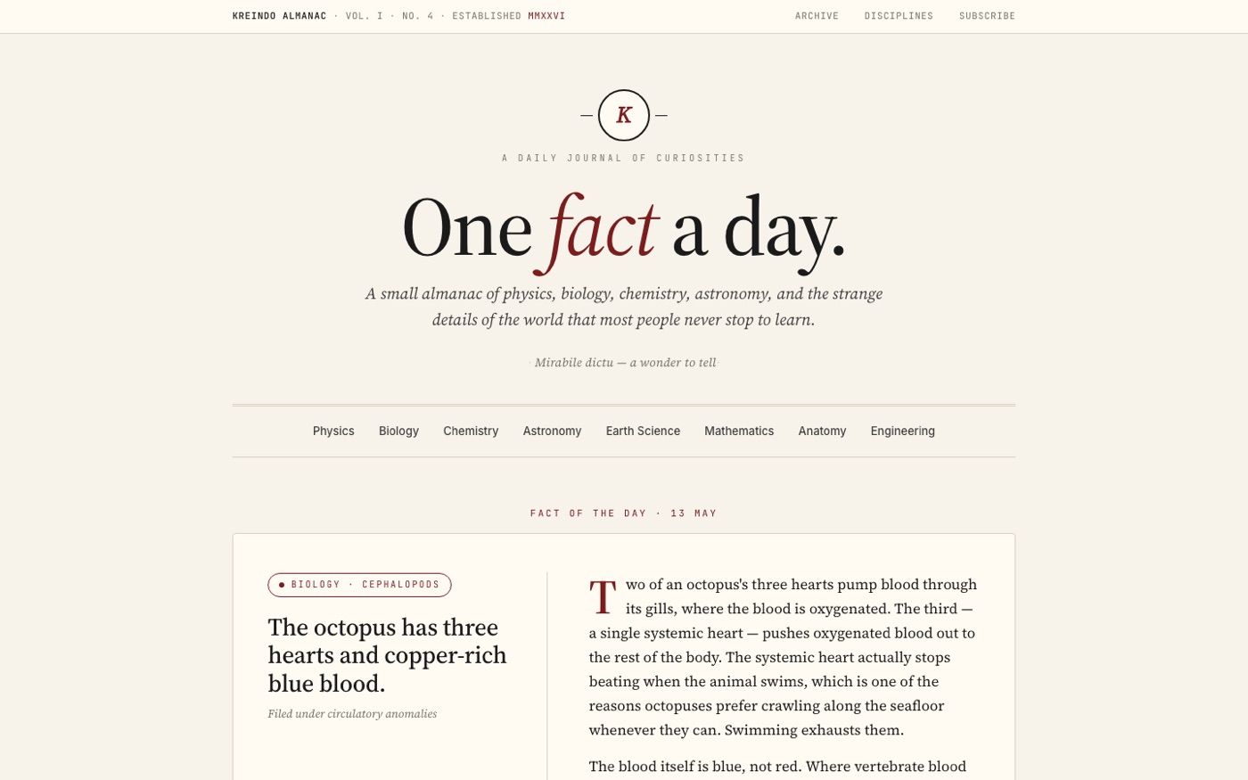 Kreindo Almanac — daily science journal