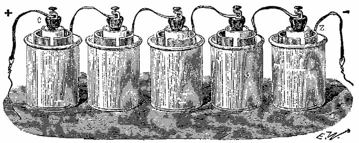 Engraving of five cylindrical Bunsen cells in a row, each wired to the next, with plus and minus ends marked.