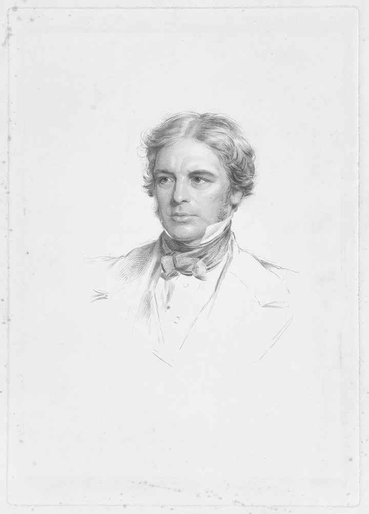 Stipple-engraved portrait of Michael Faraday.