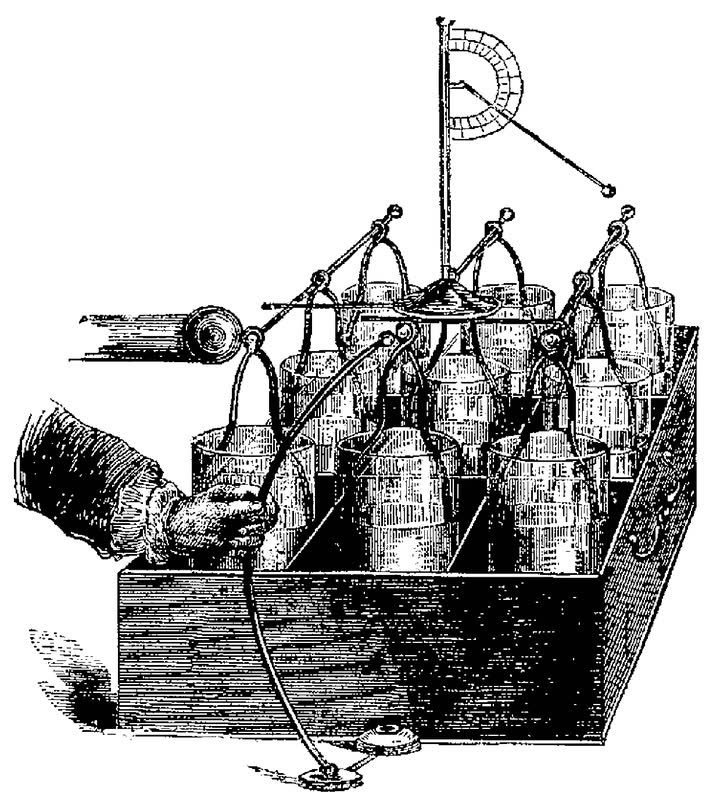 Engraving of a wooden box holding a bank of linked Leyden jars, with a hand holding a discharging rod.