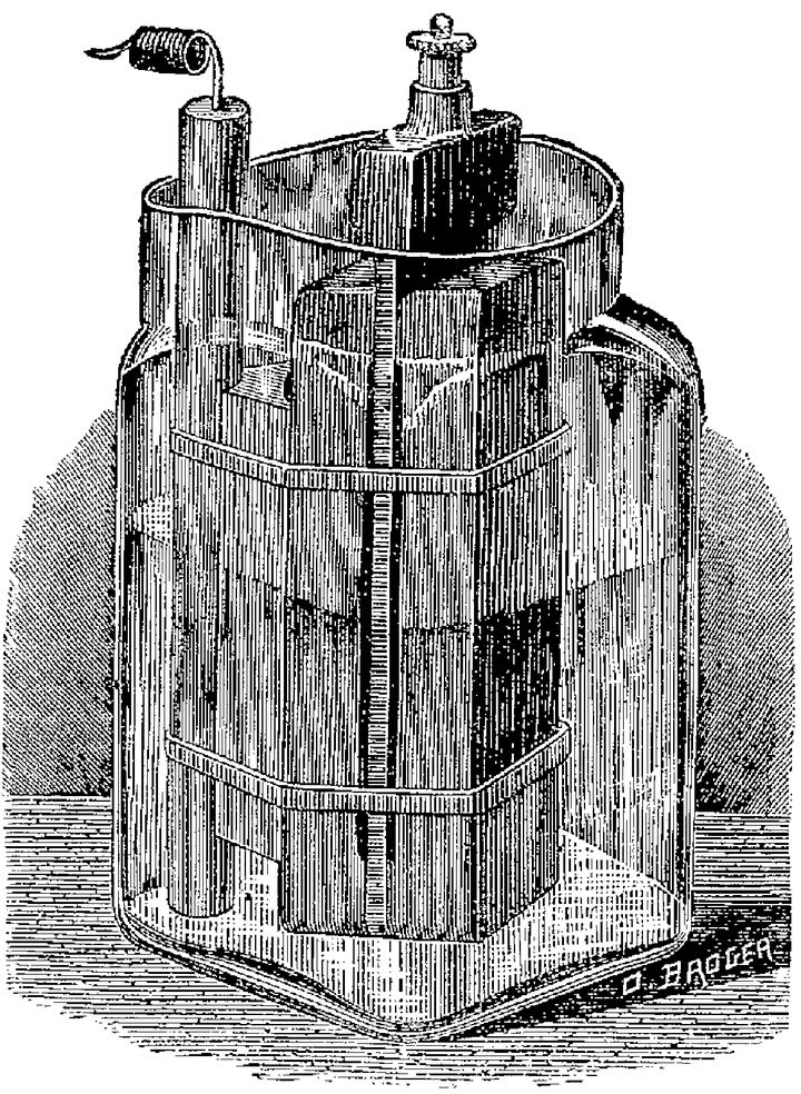 Engraving of a Leclanché cell in a glass jar, with manganese-dioxide blocks strapped to a carbon plate and a zinc rod.