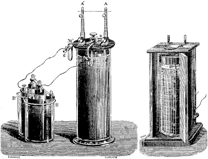 Engraving of Planté’s lead secondary cell wired to two Bunsen cells, beside an opened cell showing rolled lead sheets.