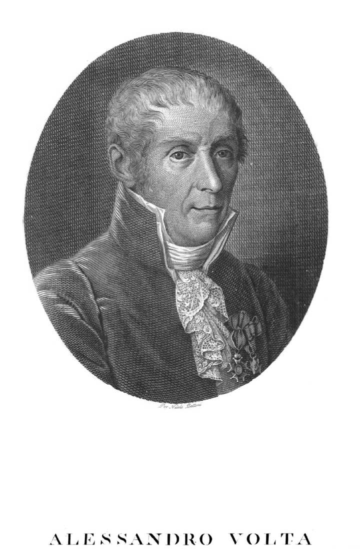 Oval engraved portrait of Alessandro Volta.