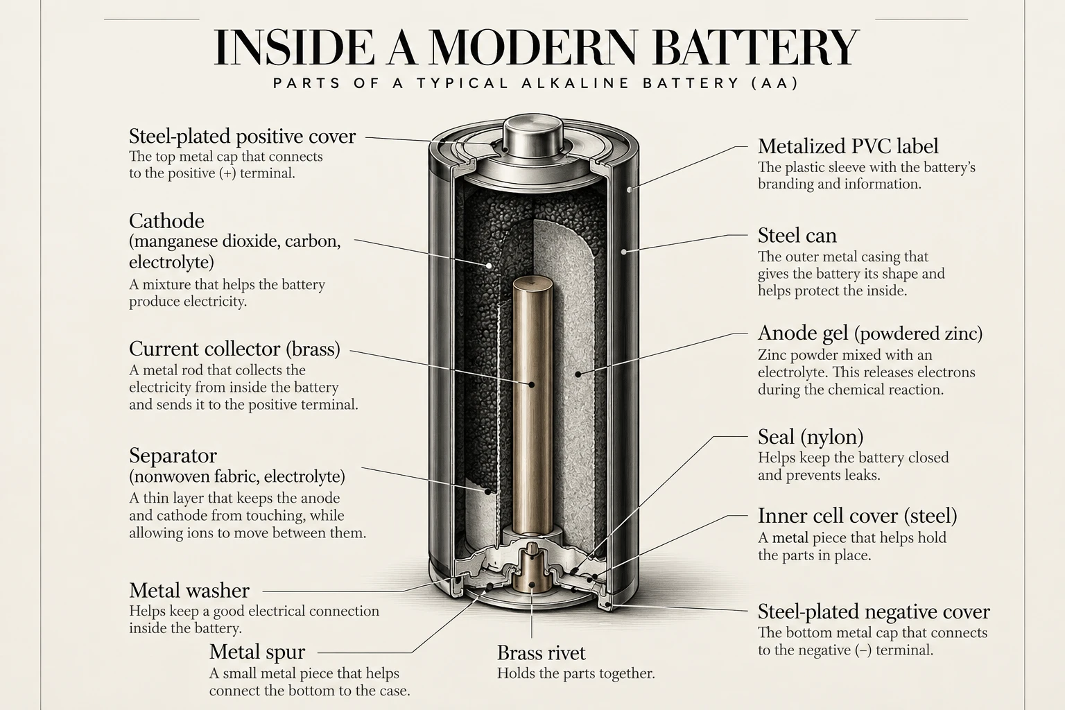 Engraved cutaway of an alkaline AA battery with labelled parts: steel-plated positive cover, cathode, brass current collector, separator, metal washer, metal spur, brass rivet, metalized PVC label, steel can, zinc anode gel, nylon seal, inner cell cover, and steel-plated negative cover.