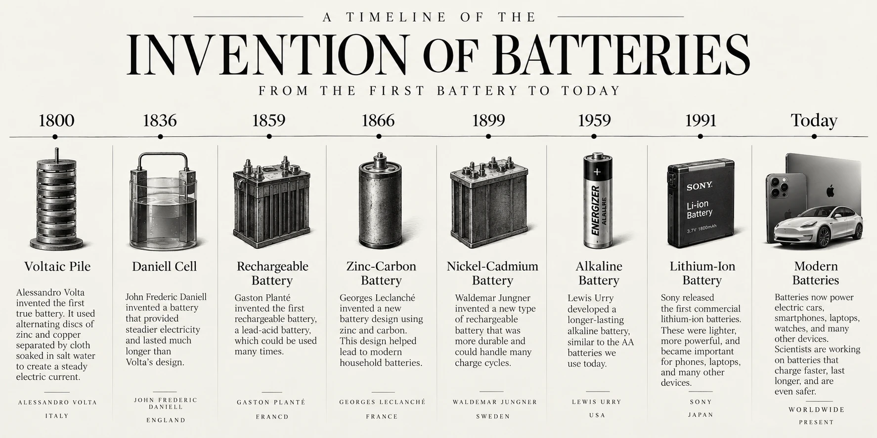 Engraved timeline of battery inventions: Volta’s voltaic pile, 1800; Daniell cell, 1836; Planté’s rechargeable lead-acid battery, 1859; Leclanché’s zinc-carbon battery, 1866; Jungner’s nickel-cadmium battery, 1899; Urry’s alkaline battery, 1959; Sony’s lithium-ion battery, 1991; and modern batteries in phones, laptops and electric cars today.
